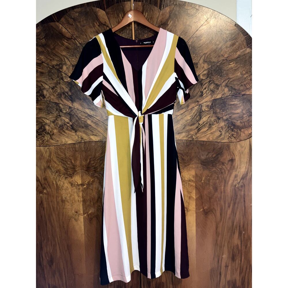 4SI3NNA Vertical Stripe Midi Dress Tie Front Fits Size Small DAY DRESS FEMININE - Picture 2 of 10